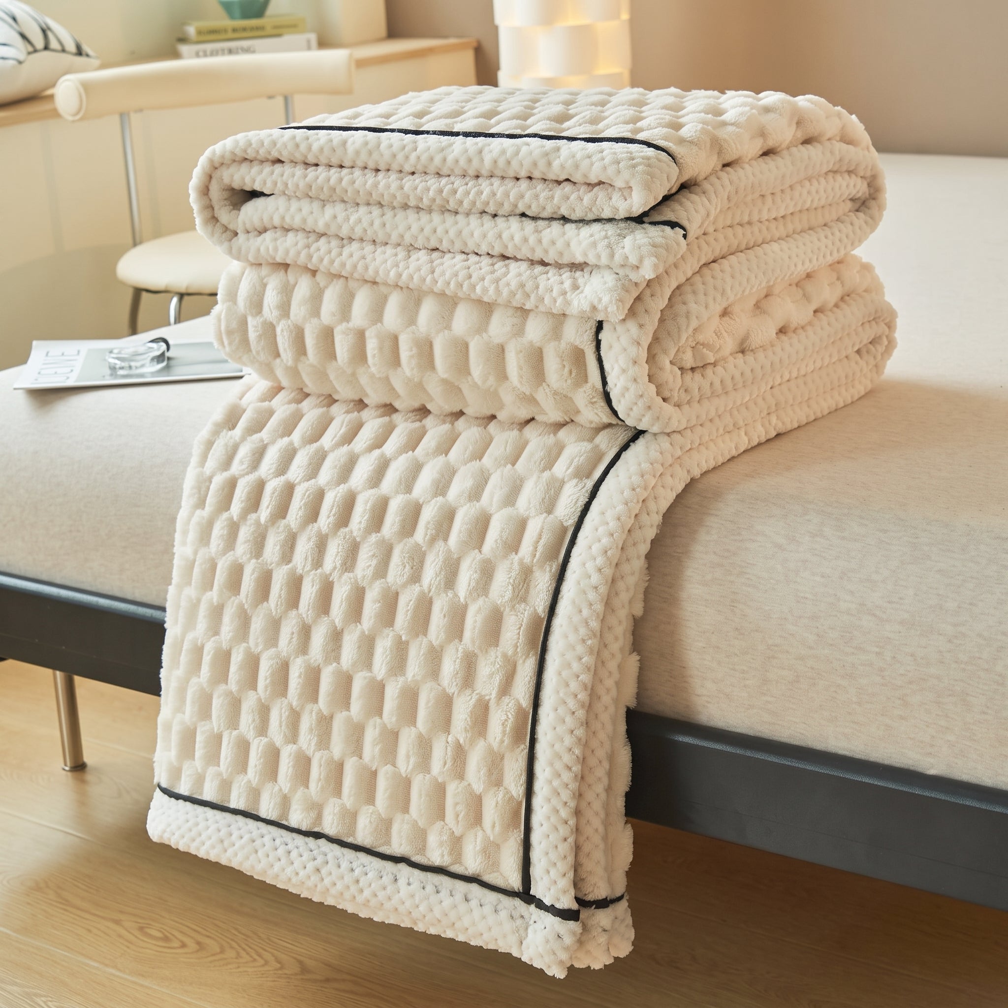 Soft Throw Blanket with Waffle Texture and Contrast Border