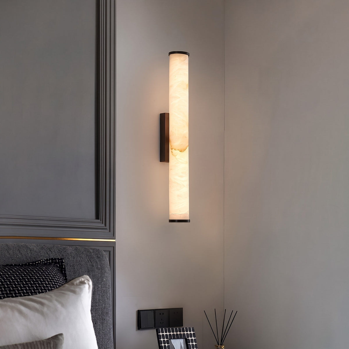Alabaster Column Wall Sconce with Cylindrical Shade - Wall Light Fixtures - Black - Seravelle Home
