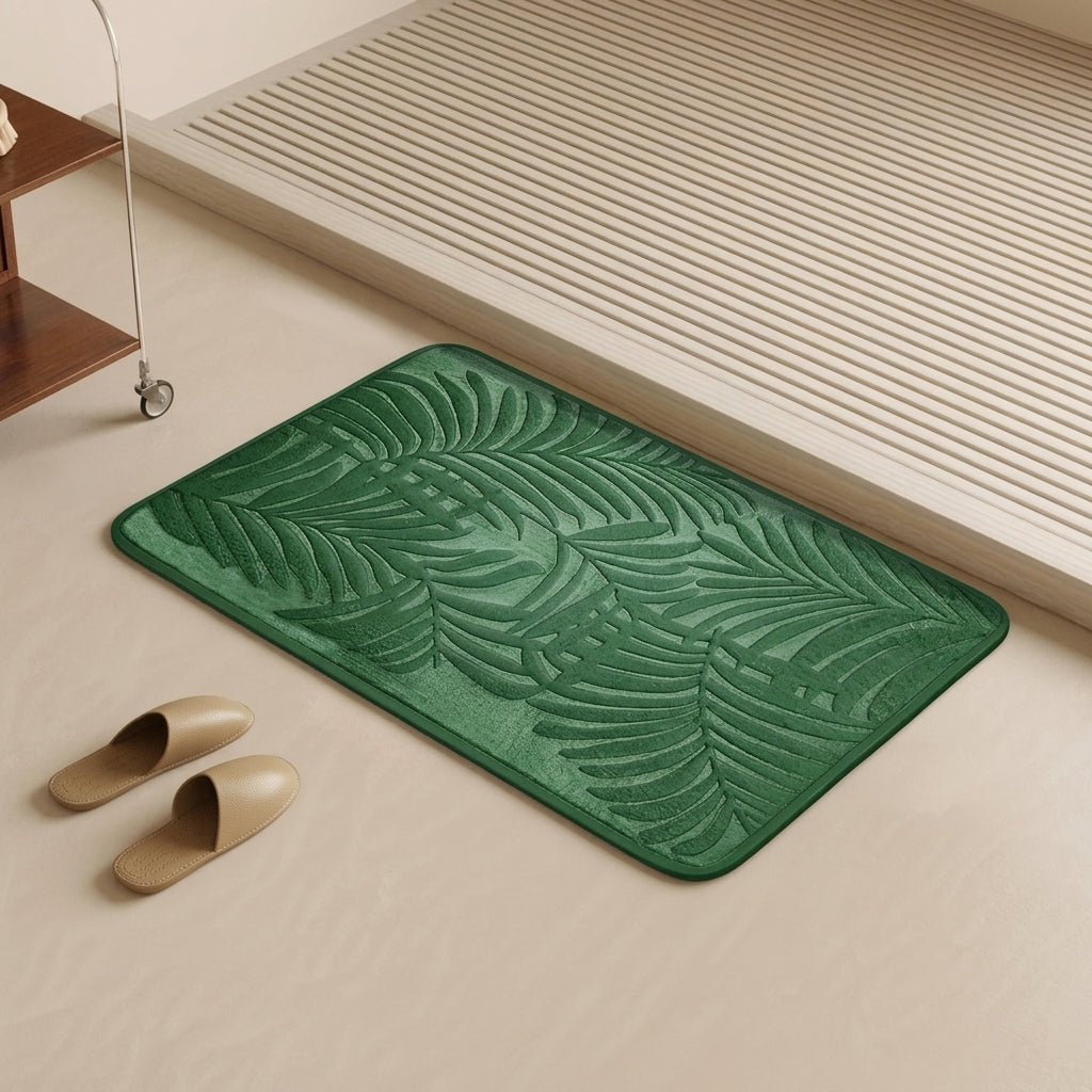 Bathroom Washable Rug with Leaf Pattern Design - Washable Rug - Green - Seravelle Home