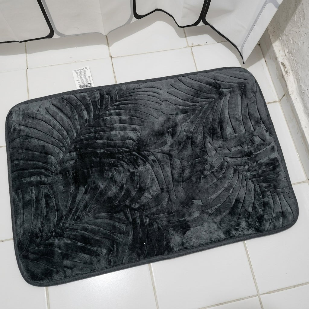 Bathroom Washable Rug with Leaf Pattern Design - Washable Rug - Dark Grey - Seravelle Home