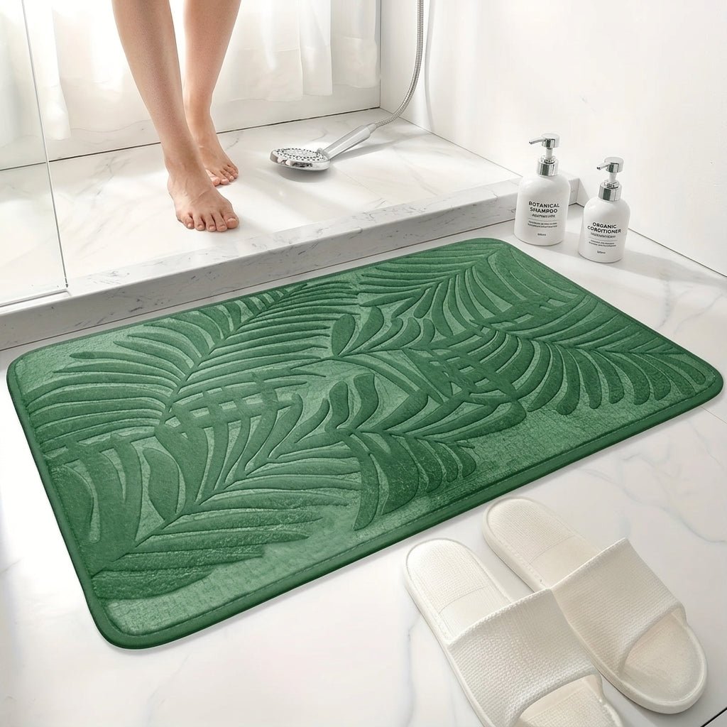Bathroom Washable Rug with Leaf Pattern Design - Washable Rug - Green - Seravelle Home