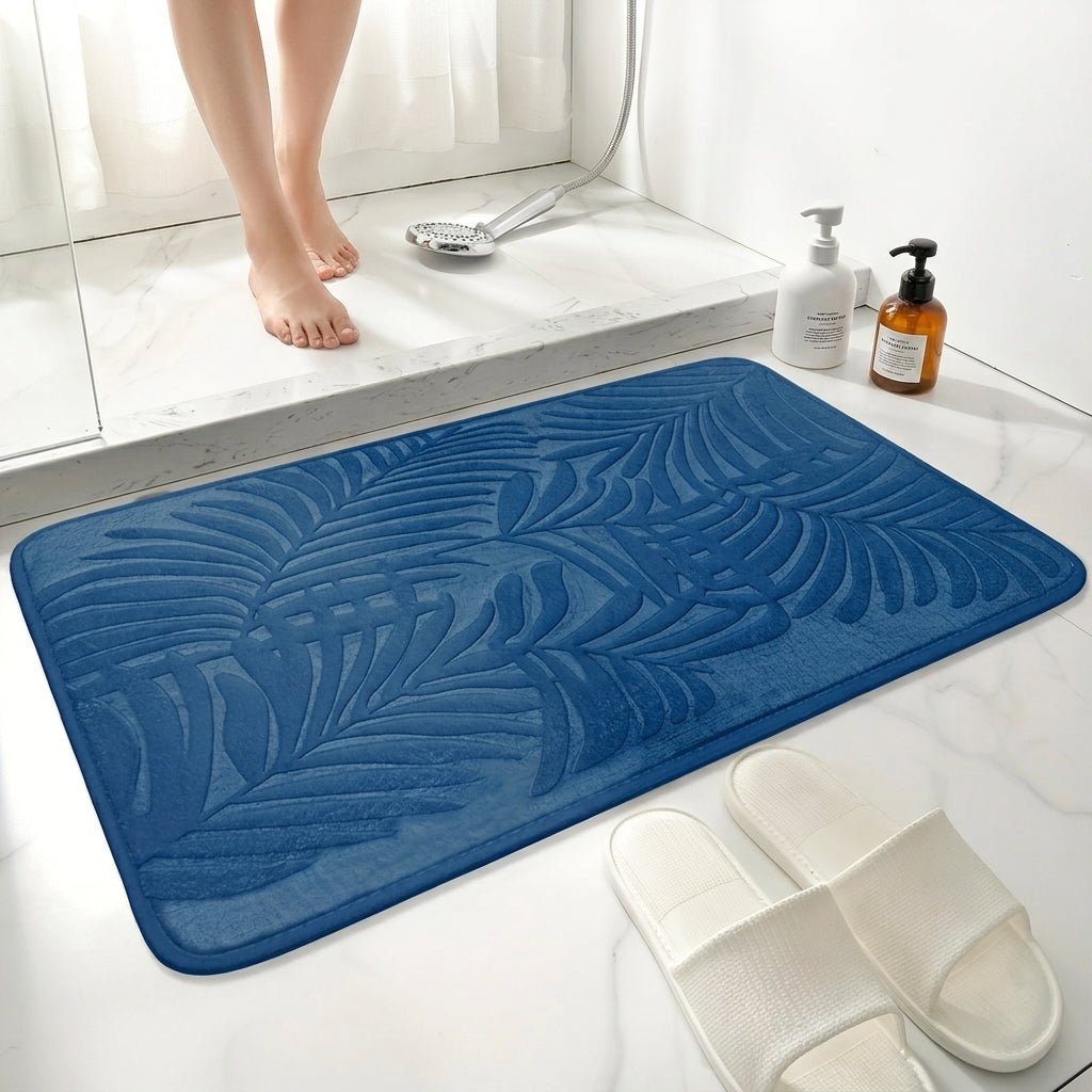 Bathroom Washable Rug with Leaf Pattern Design - Washable Rug - Navy Blue - Seravelle Home