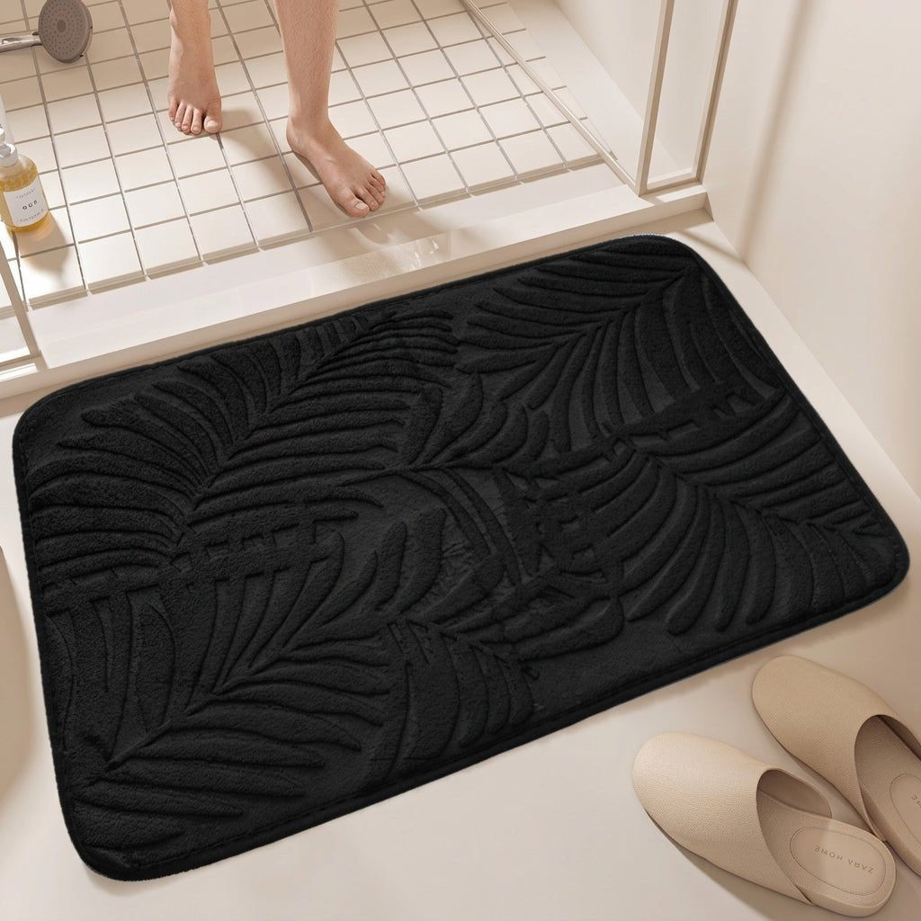 Bathroom Washable Rug with Leaf Pattern Design - Washable Rug - Black - Seravelle Home