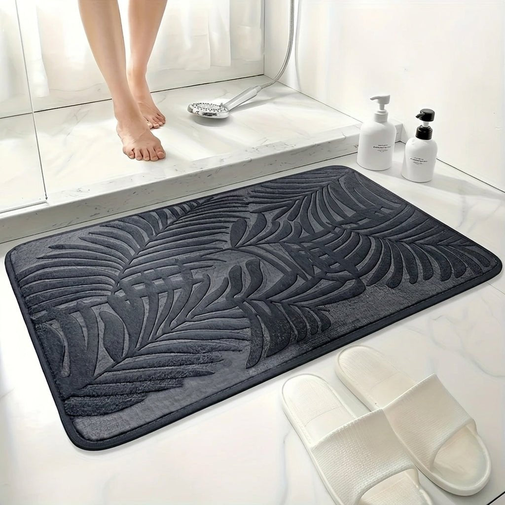 Bathroom Washable Rug with Leaf Pattern Design - Washable Rug - Dark Grey - Seravelle Home