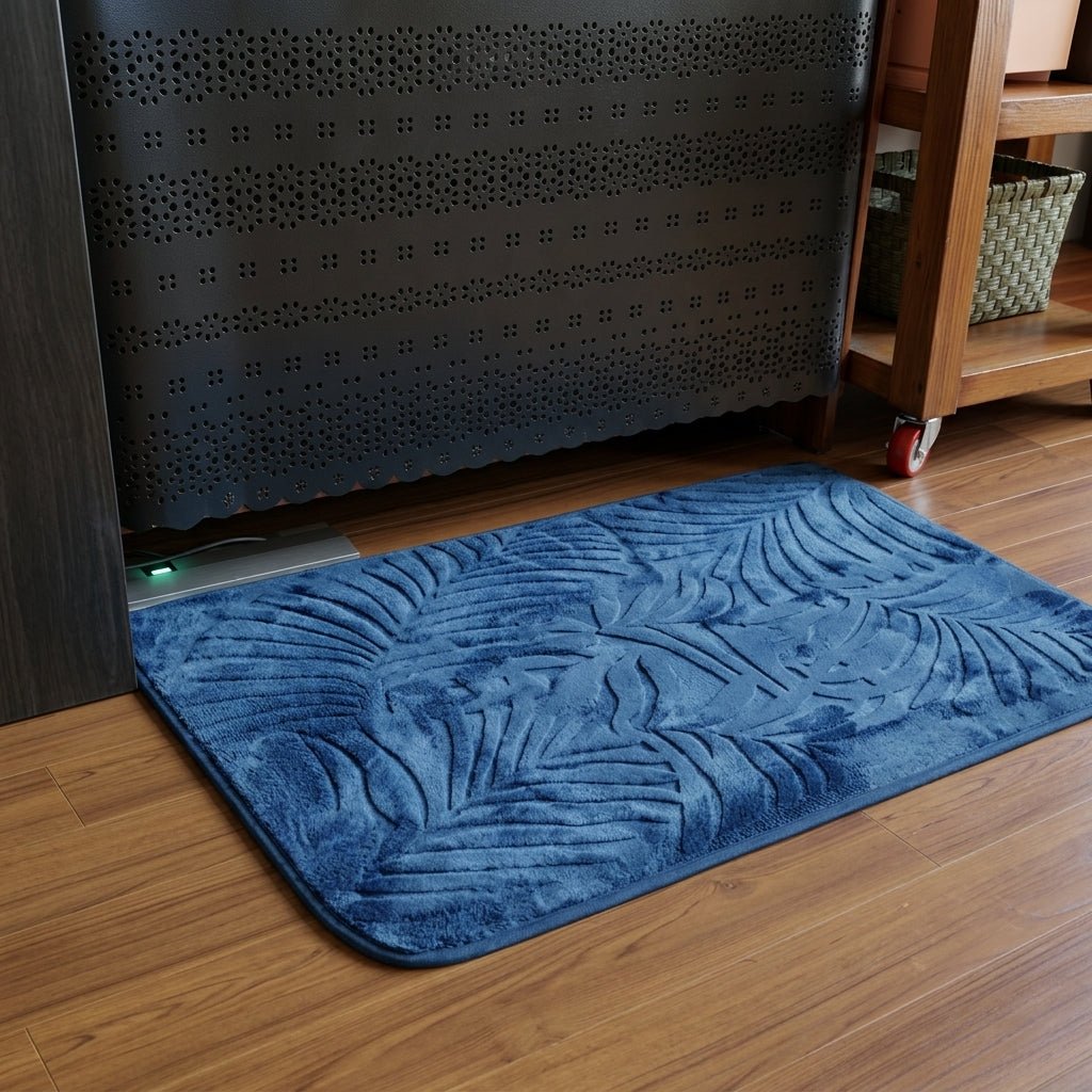 Bathroom Washable Rug with Leaf Pattern Design - Washable Rug - Navy Blue - Seravelle Home