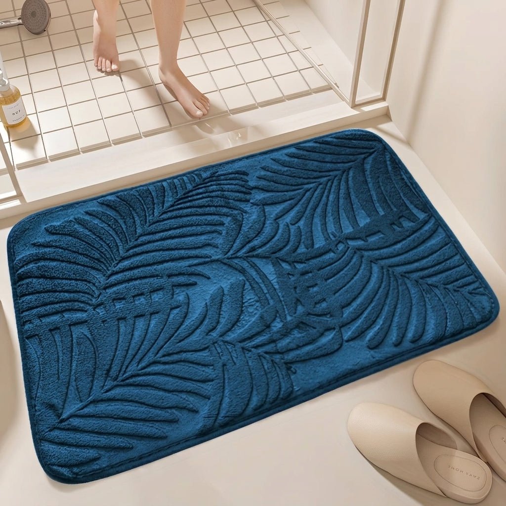 Bathroom Washable Rug with Leaf Pattern Design - Washable Rug - Navy Blue - Seravelle Home