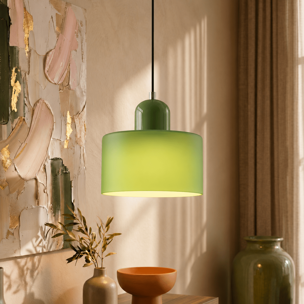 Bauhaus Pendant Light with Modern Cylindrical Shade Design - Pendant Light - Matt Green - Seravelle Home
