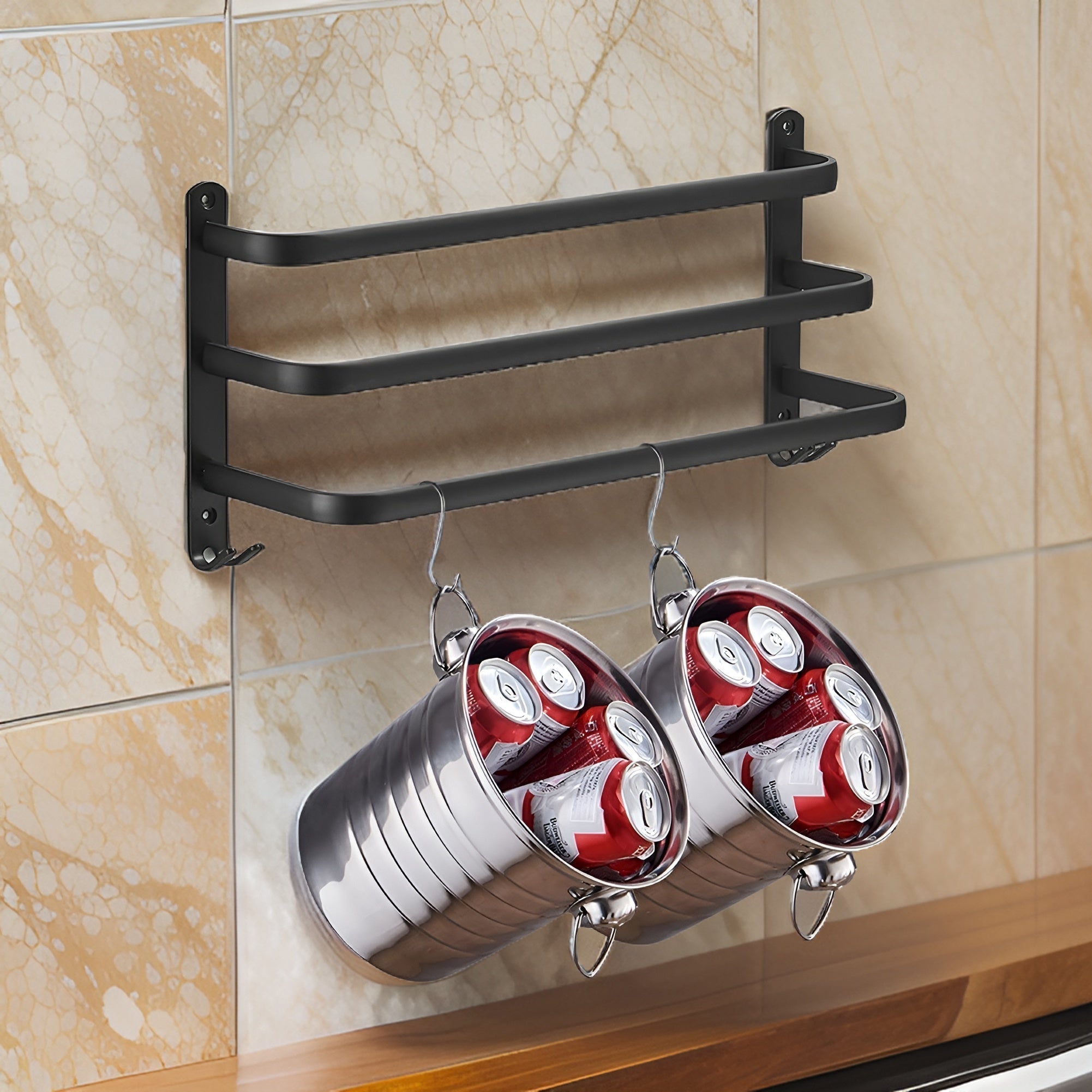Black Wall Towel Rack for Bathroom - Towel Holder - 2 Levels - Seravelle Home