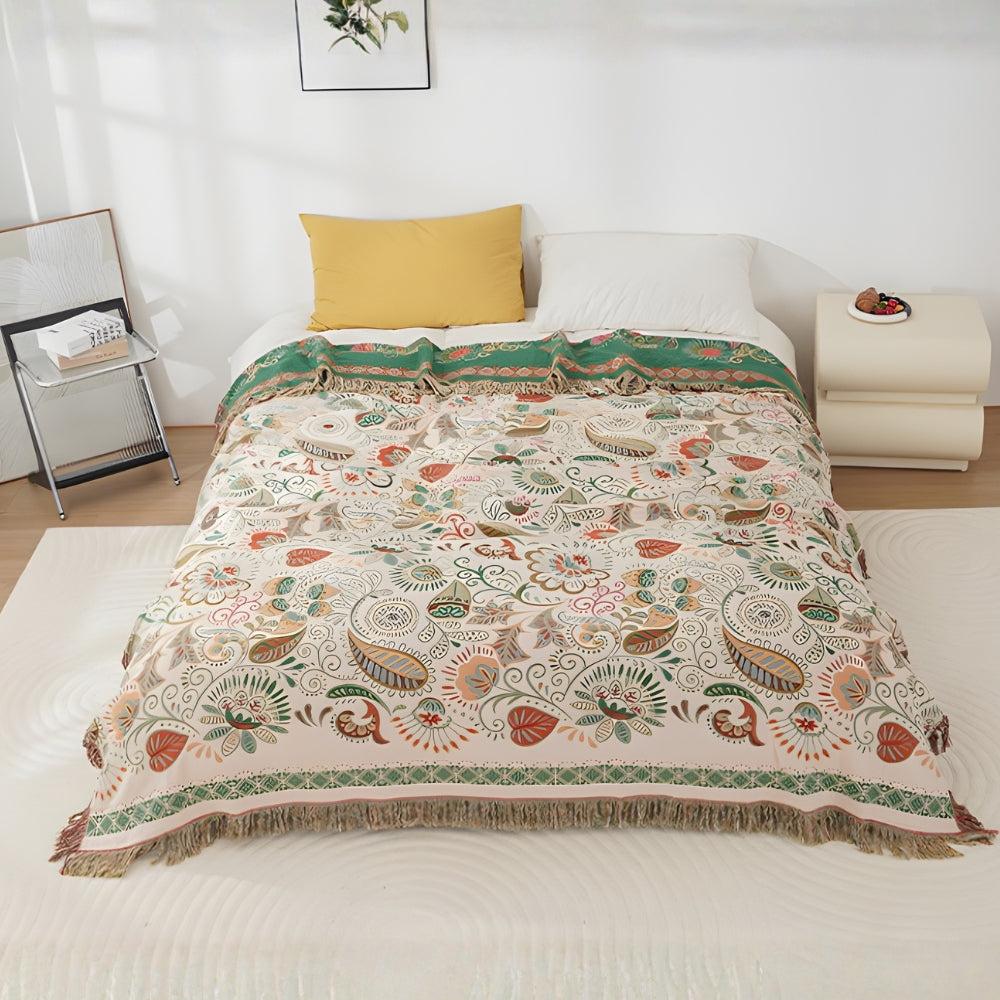 Reversible Blanket in Boho Style with Floral Leaf Pattern