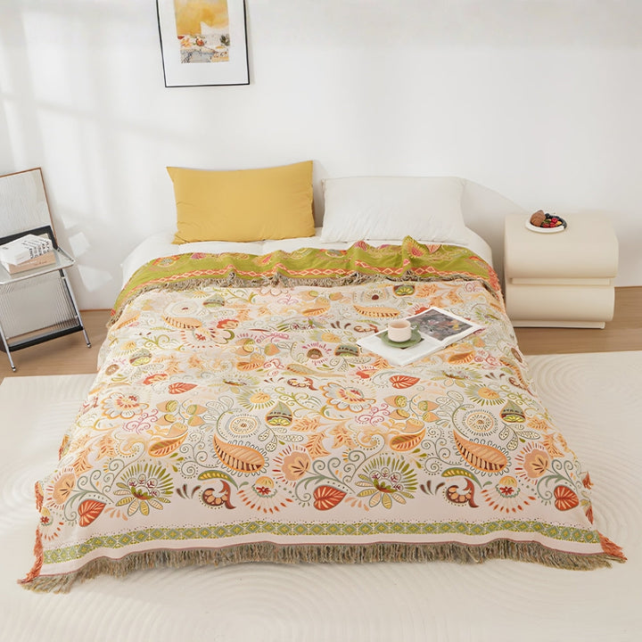 Reversible Blanket in Boho Style with Floral Leaf Pattern