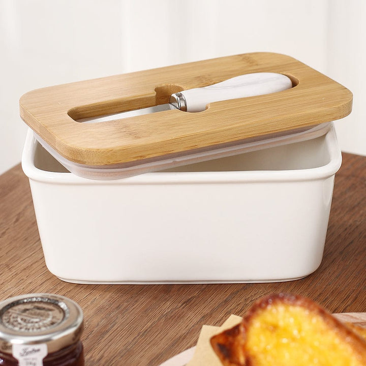 Butter Dish with Wooden Lid and Knife - Butter Dish - Seravelle Home