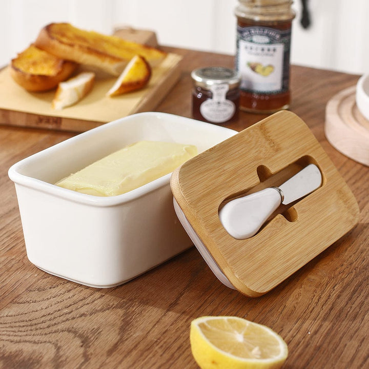 Butter Dish with Wooden Lid and Knife - Butter Dish - Seravelle Home