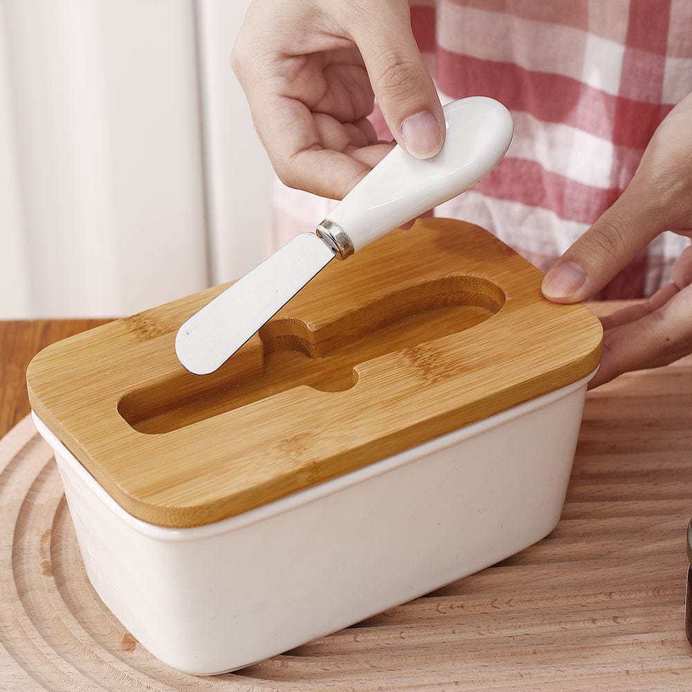 Butter Dish with Wooden Lid and Knife - Butter Dish - Seravelle Home