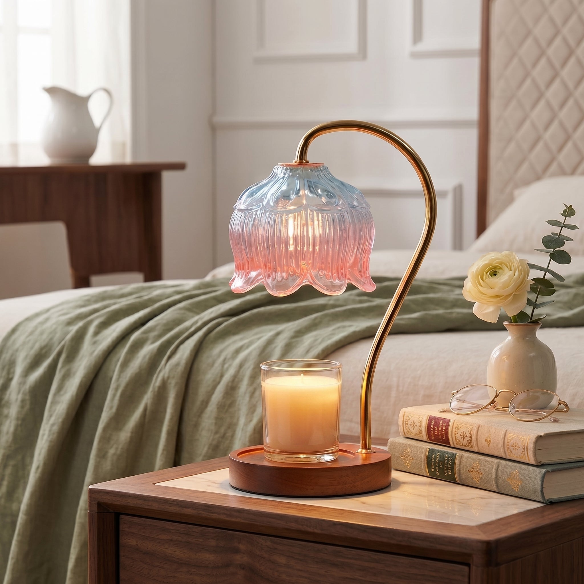 Candle Warmer with Flower Shade - Candle Warmer - Blue-Pink - Seravelle Home