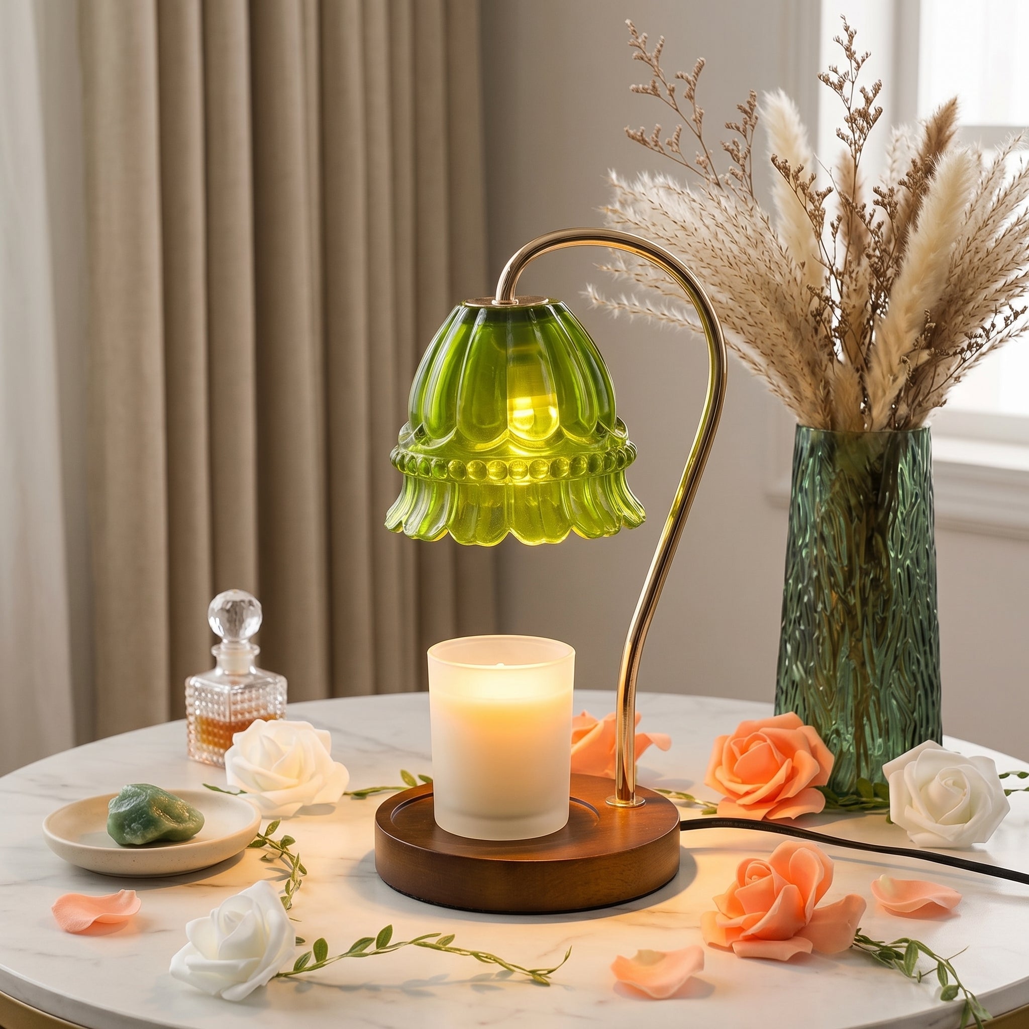 Candle Warmer with Flower Shade - Candle Warmer - Light Green - Seravelle Home