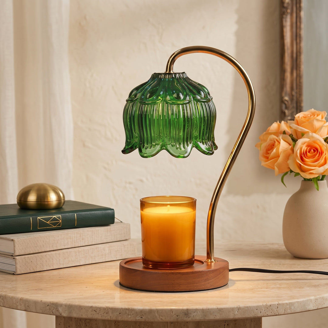 Candle Warmer with Flower Shade - Candle Warmer - Dark Green - Seravelle Home
