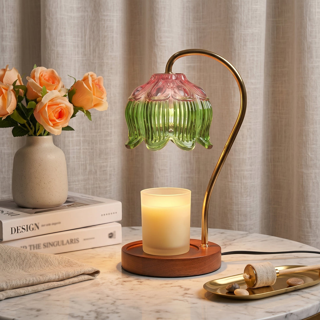 Candle Warmer with Flower Shade - Candle Warmer - Pink-Green - Seravelle Home