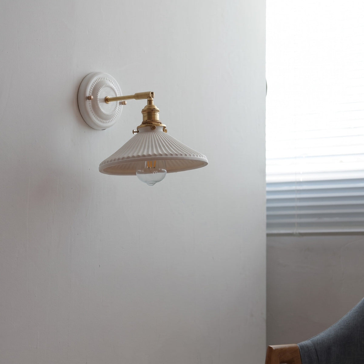 Ceramic Ribbed Wall Lights with Brass Swing Arm - Wall Light Fixtures - Drum - Seravelle Home