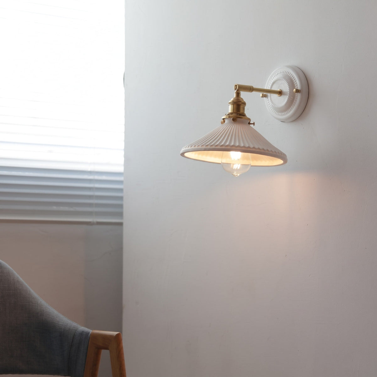 Ceramic Ribbed Wall Lights with Brass Swing Arm - Wall Light Fixtures - Drum - Seravelle Home