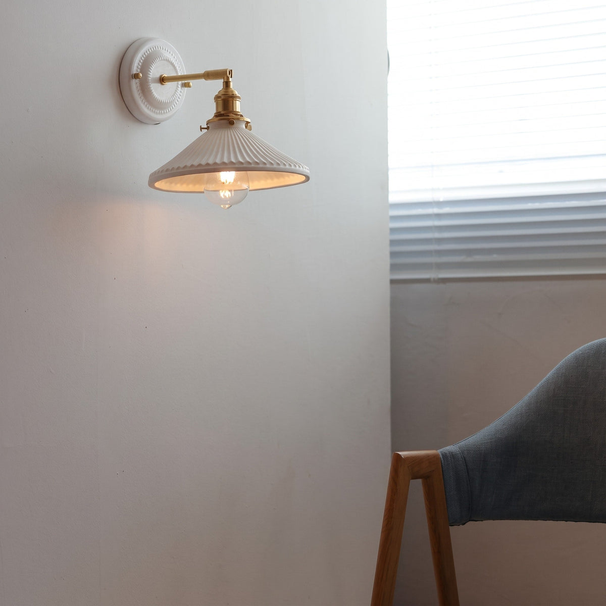Ceramic Ribbed Wall Lights with Brass Swing Arm - Wall Light Fixtures - Drum - Seravelle Home
