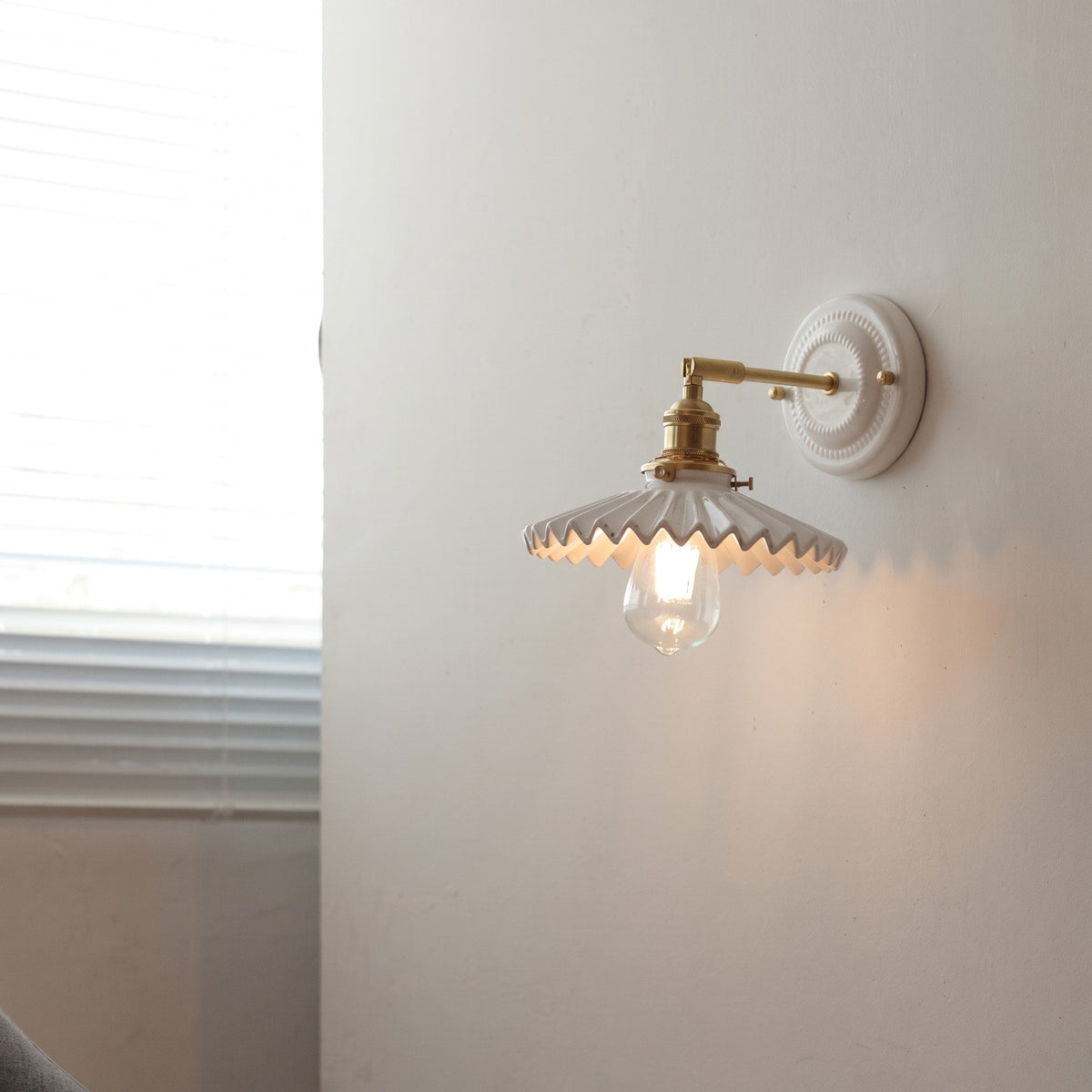 Ceramic Ribbed Wall Lights with Brass Swing Arm - Wall Light Fixtures - Column - Seravelle Home