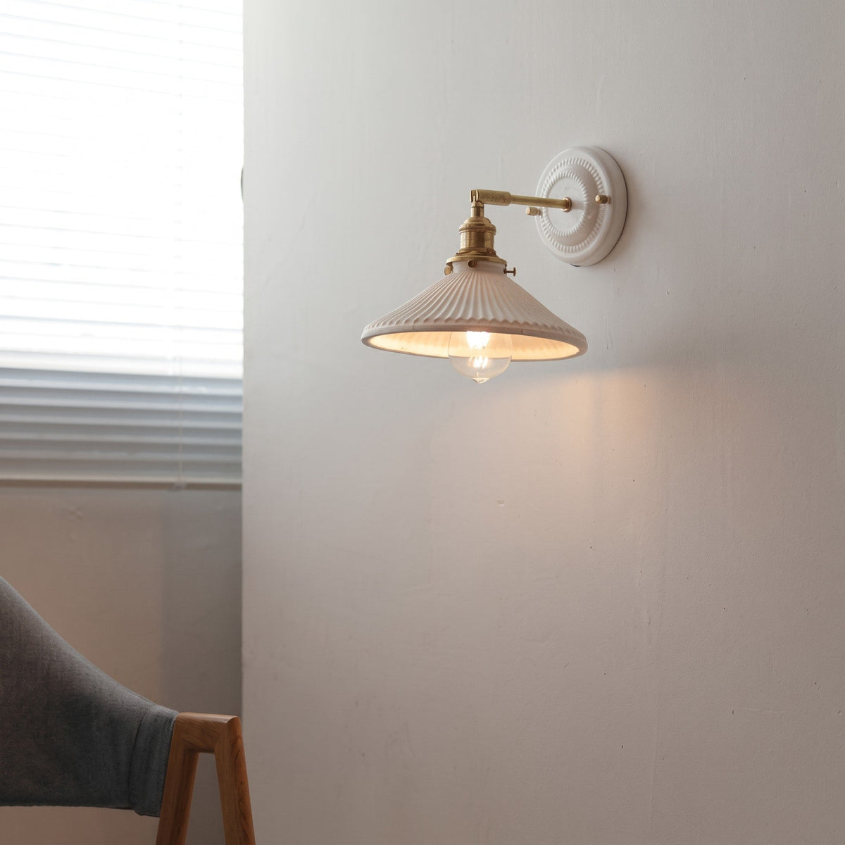 Ceramic Ribbed Wall Lights with Brass Swing Arm - Wall Light Fixtures - Drum - Seravelle Home
