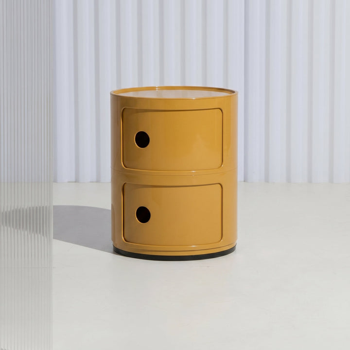 Cylindrical Bedside Table with Revolving Doors and Compartments