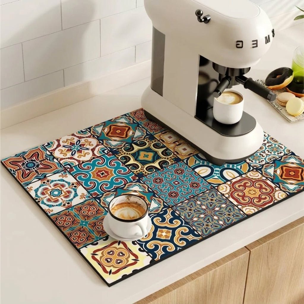 Coffee Machine Mat with Absorbent Design and Retro Pattern - Kitchen mat - Mandala Patch - Seravelle Home