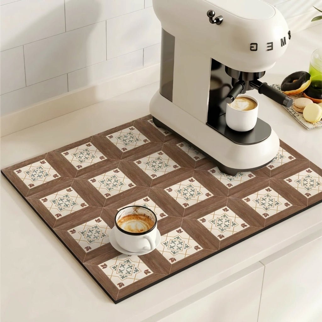 Coffee Machine Mat with Absorbent Design and Retro Pattern - Kitchen mat - Wood Tiles - Seravelle Home