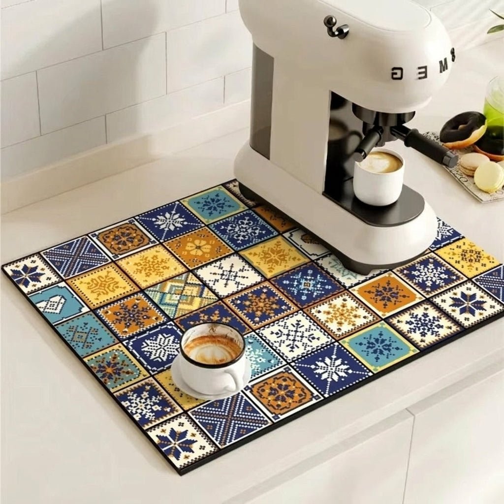 Coffee Machine Mat with Absorbent Design and Retro Pattern - Kitchen mat - Azure Patch - Seravelle Home