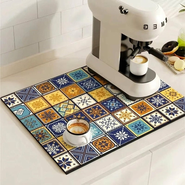 Coffee Machine Mat with Absorbent Design and Retro Pattern - Kitchen mat - Azure Patch - Seravelle Home
