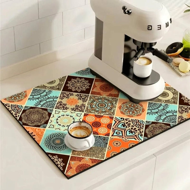 Coffee Machine Mat with Absorbent Design and Retro Pattern - Kitchen mat - Sky Blue Blossom - Seravelle Home