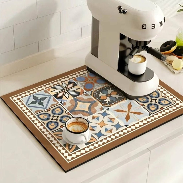 Coffee Machine Mat with Absorbent Design and Retro Pattern - Kitchen mat - Floral Brown - Seravelle Home