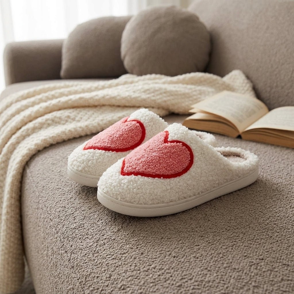 Cozy Slip-On Fluffy House Slippers with Heart Pattern - Slippers - Big Heart - Seravelle Home