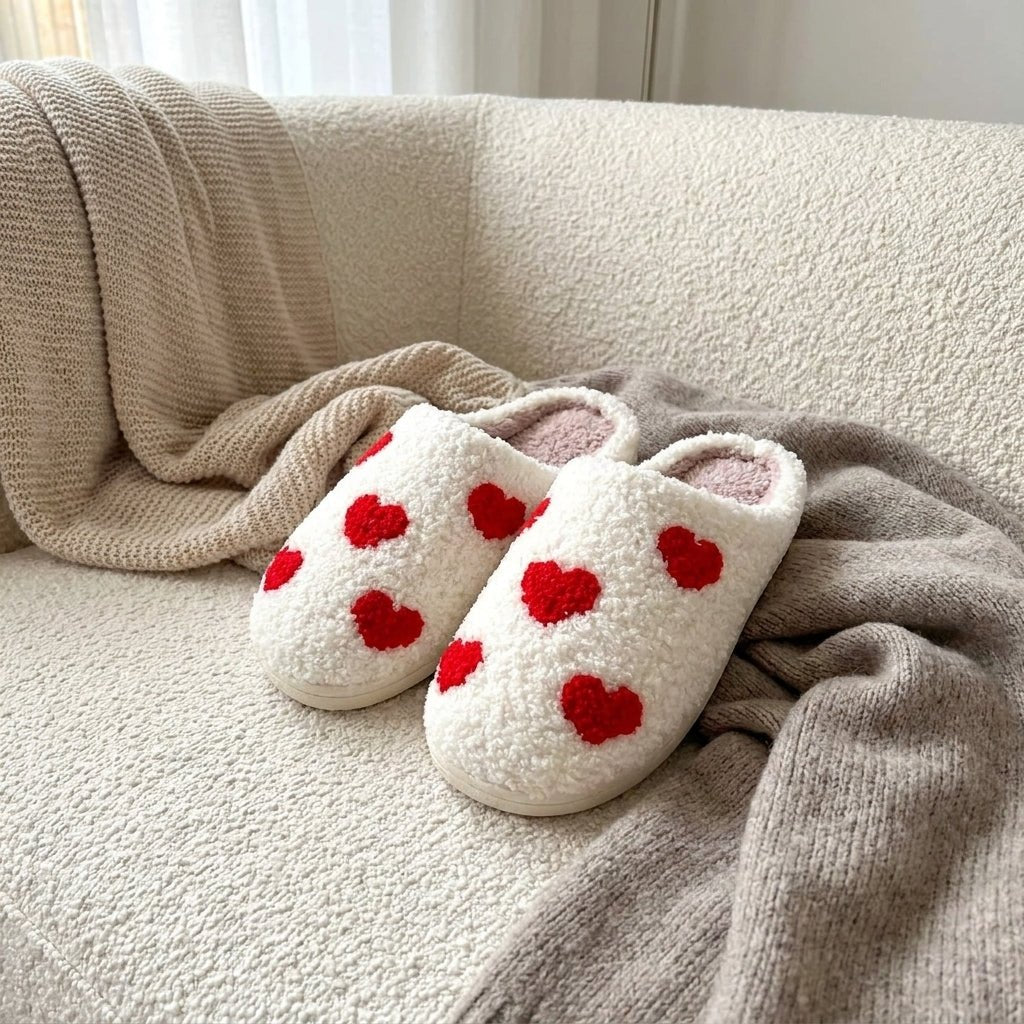 Cozy Slip-On Fluffy House Slippers with Heart Pattern - Slippers - Small Heart - Seravelle Home