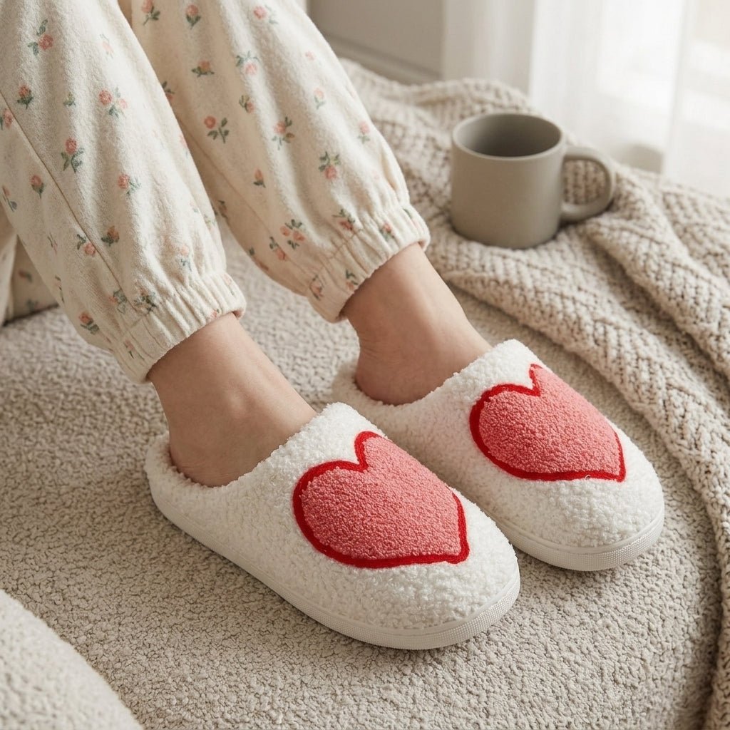Cozy Slip-On Fluffy House Slippers with Heart Pattern - Slippers - Big Heart - Seravelle Home