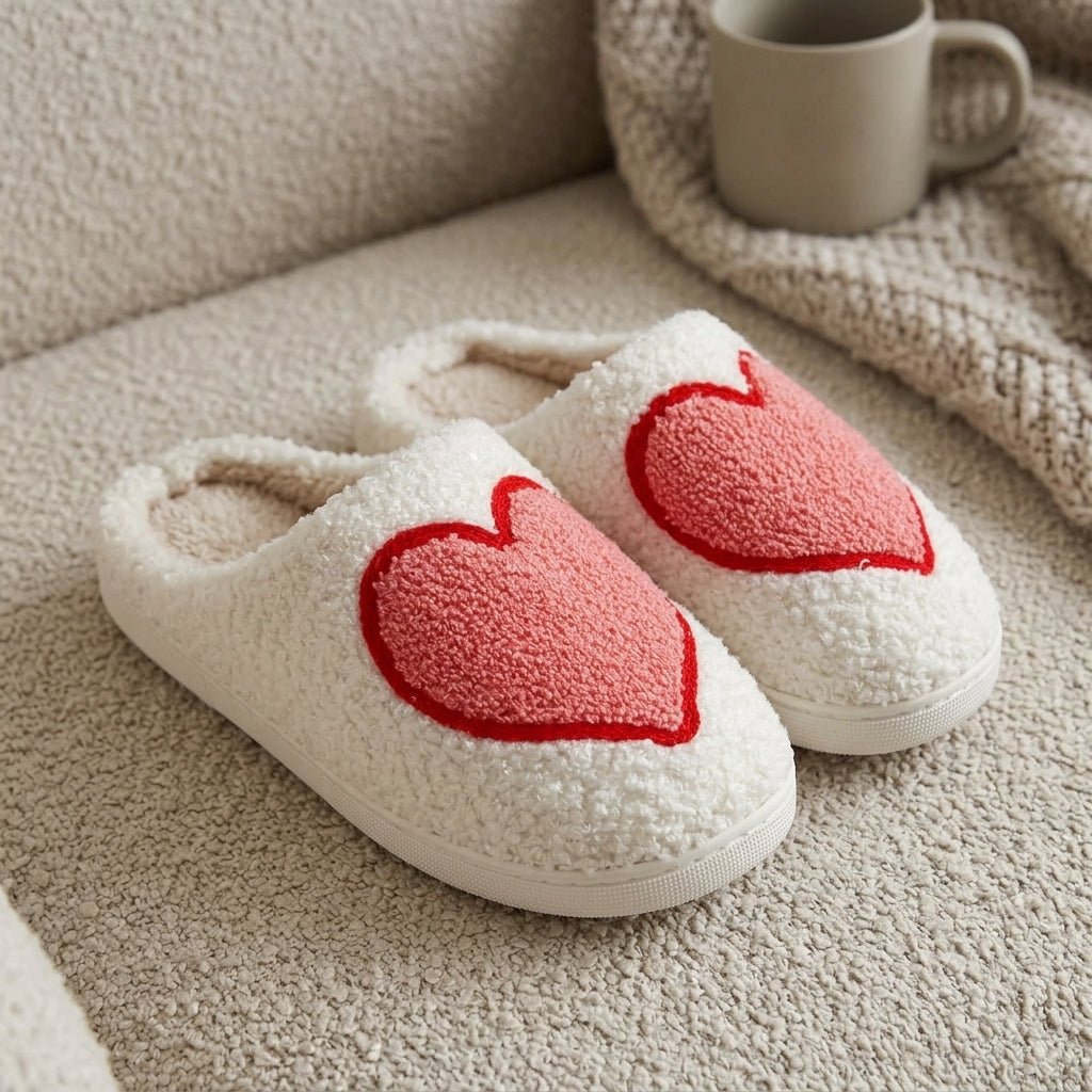 Cozy Slip-On Fluffy House Slippers with Heart Pattern - Slippers - Big Heart - Seravelle Home