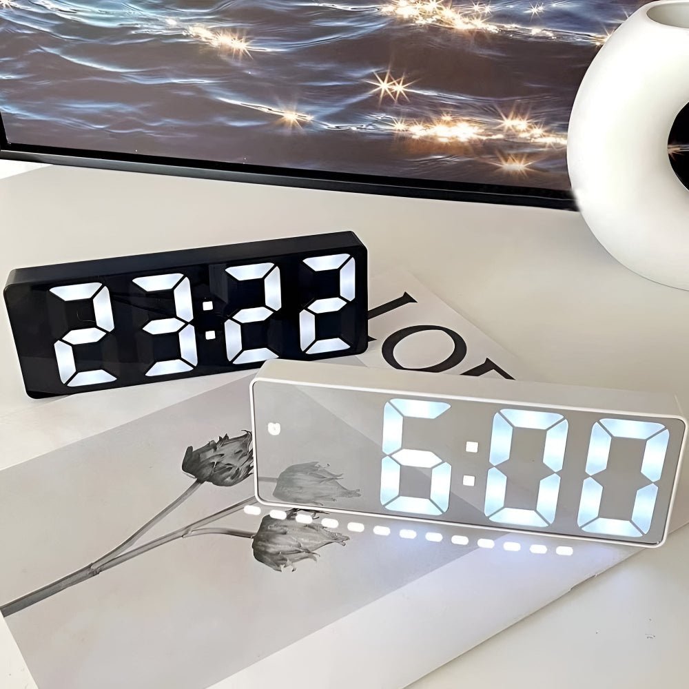 Digital Alarm Clock with LED Mirror Display - Alarm Clock - Glossy Black - Seravelle Home