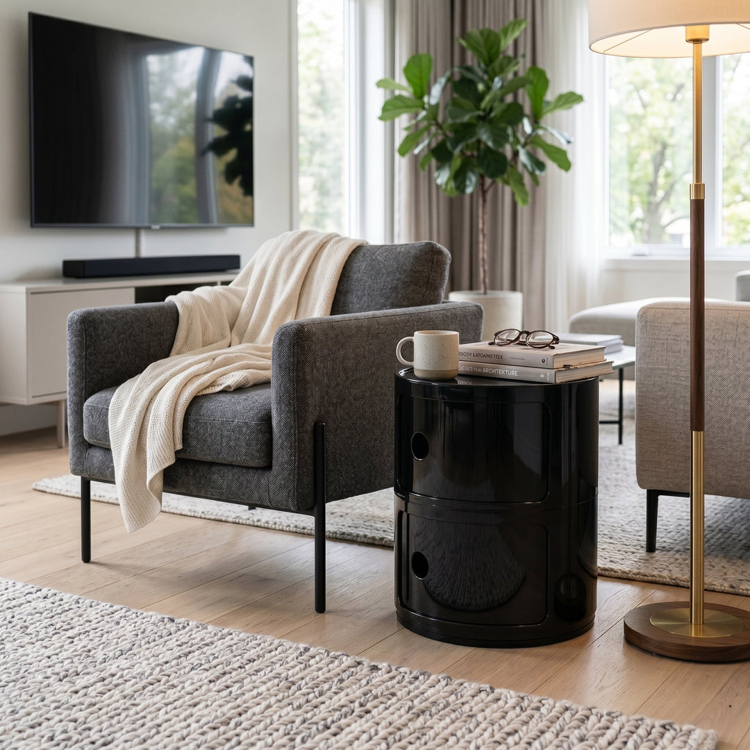 Cylindrical Bedside Table with Revolving Doors and Compartments