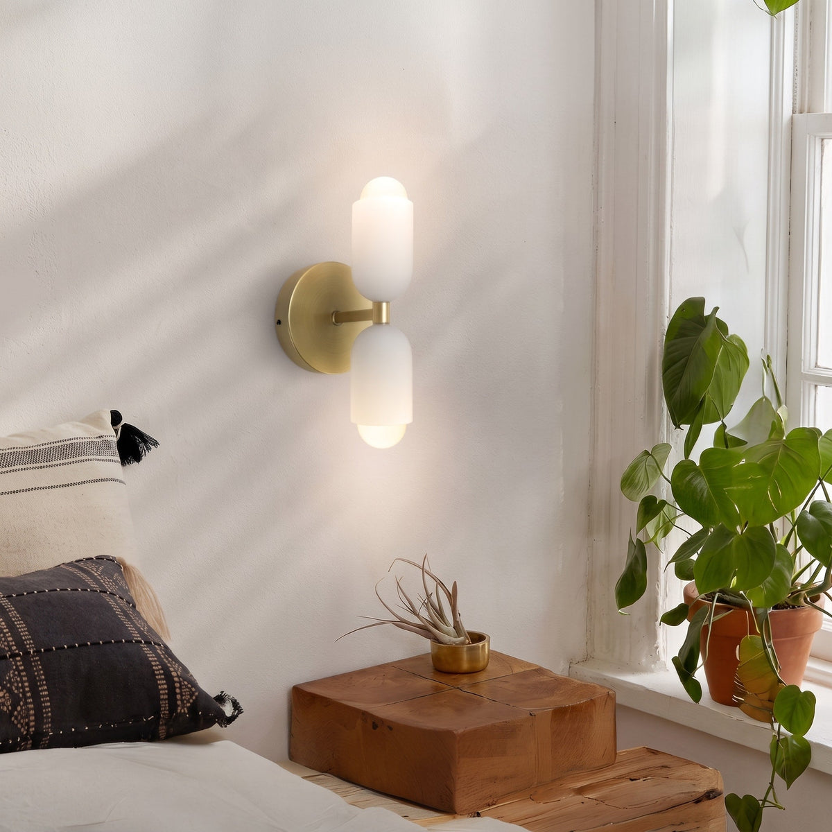 Double Head Wall Lights with Brass Frame and Glass Shades - Wall Light Fixtures - Gold - Seravelle Home