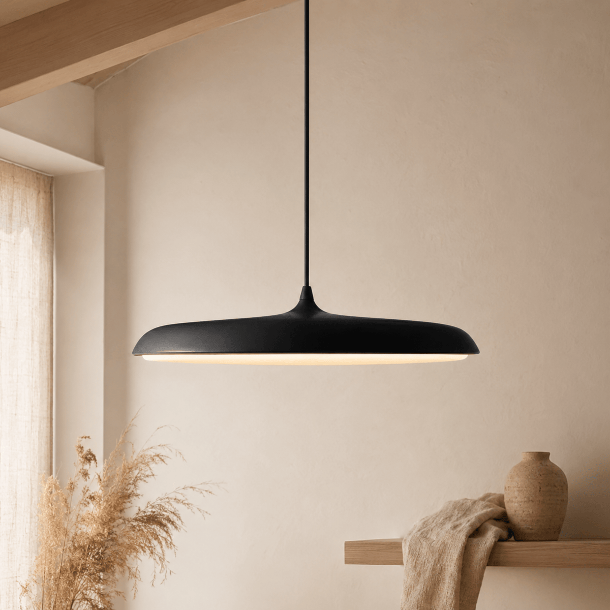 Flat Disc LED Pendant Light with Wide Metal Shade - Pendant Light Fixtures - Black - Seravelle Home