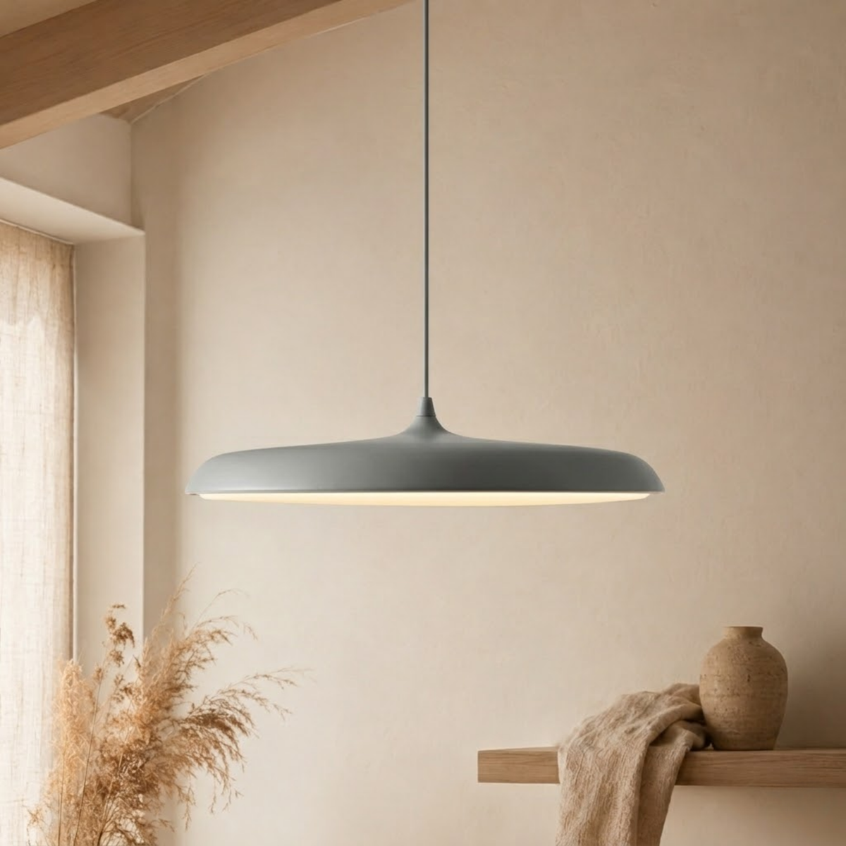 Flat Disc LED Pendant Light with Wide Metal Shade - Pendant Light Fixtures - Light Grey - Seravelle Home