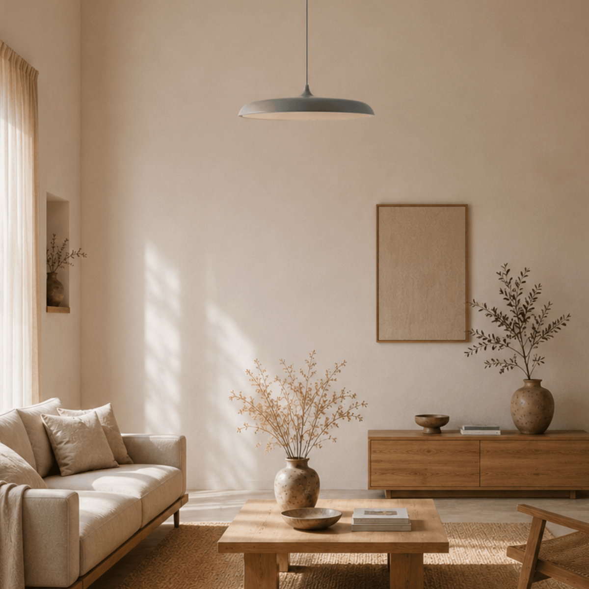 Flat Disc LED Pendant Light with Wide Metal Shade - Pendant Light Fixtures - Light Grey - Seravelle Home