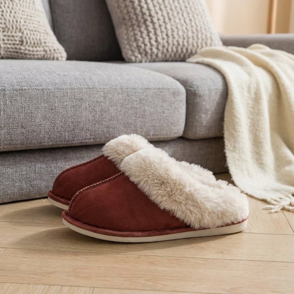 Fluffy Moccasin House Slippers with Plush Trim - Slippers - Red - Seravelle Home