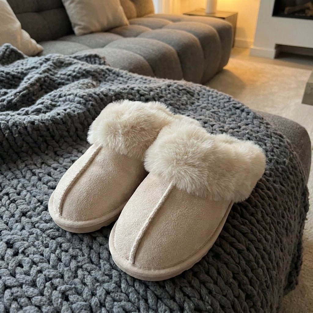 Fluffy Moccasin House Slippers with Plush Trim - Slippers - Cream - Seravelle Home