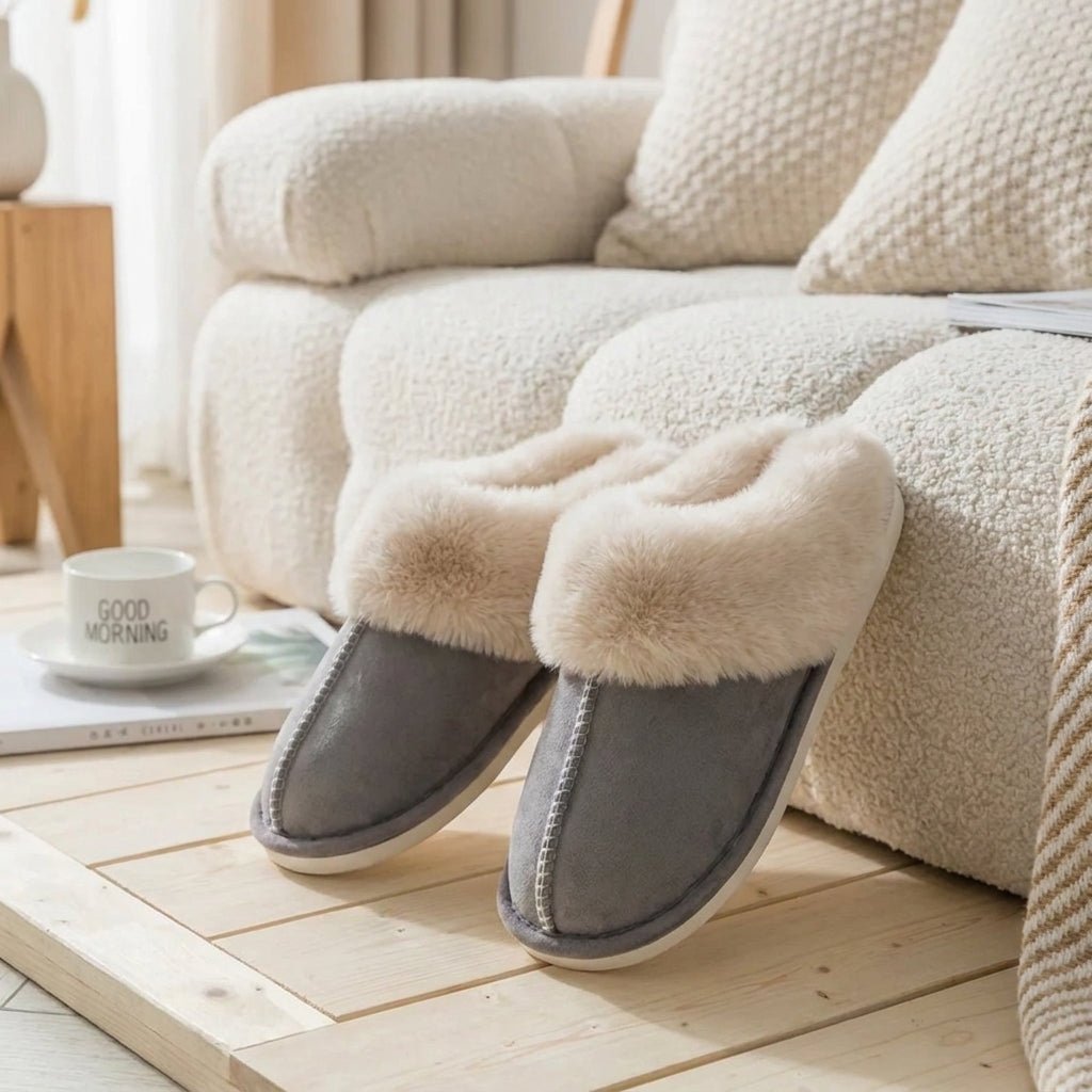 Fluffy Moccasin House Slippers with Plush Trim - Slippers - Grey - Seravelle Home
