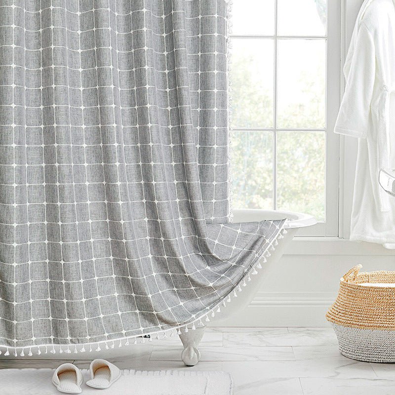 Fringed Hem Shower Curtain - Shower Curtain - Grey Check - Seravelle Home