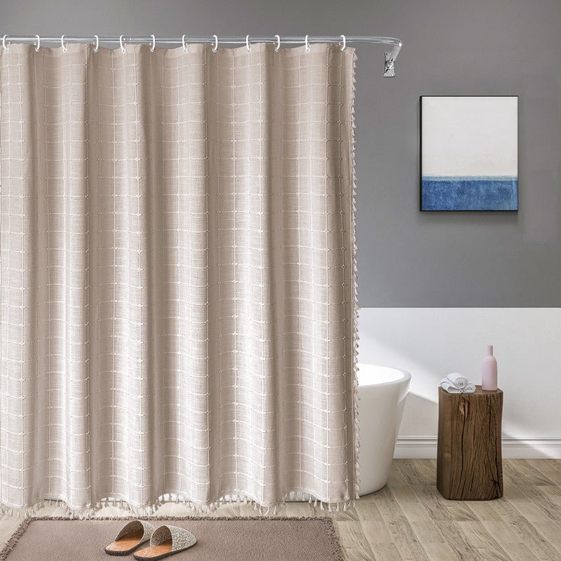 Fringed Hem Shower Curtain - Shower Curtain - Beige Check - Seravelle Home