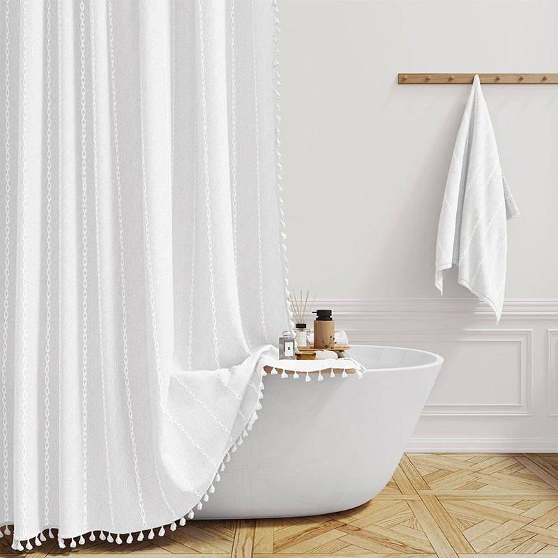 Fringed Hem Shower Curtain - Shower Curtain - White Stripes - Seravelle Home