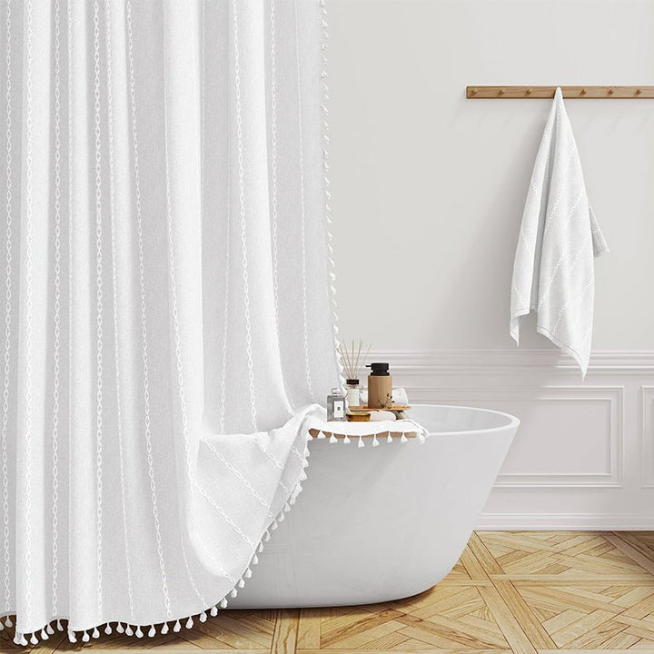 Fringed Hem Shower Curtain - Shower Curtain - White Stripes - Seravelle Home